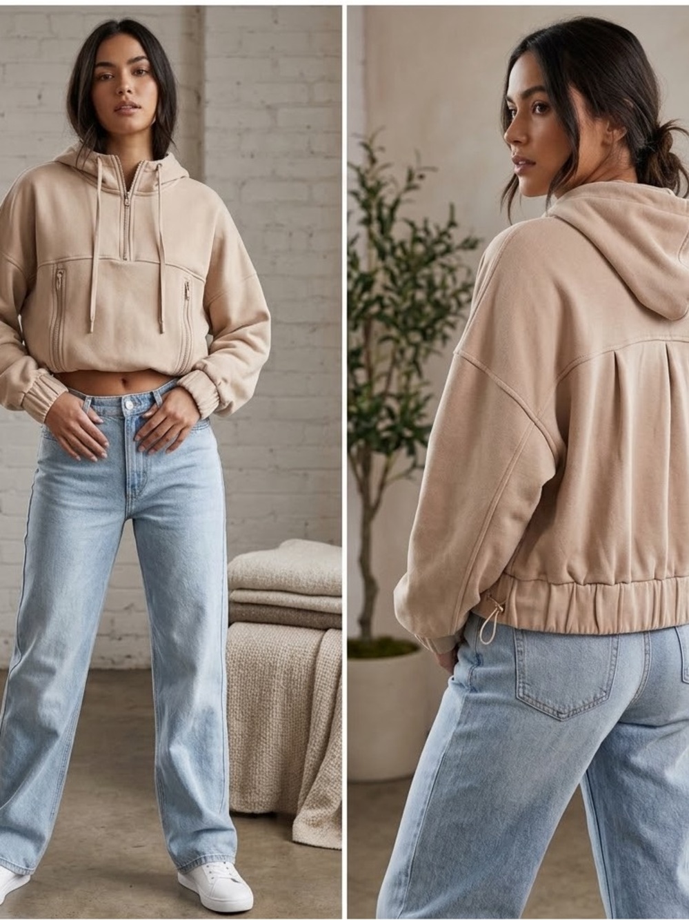 POPFLEX Half Zip Warm Up Hoodie in Light Beige